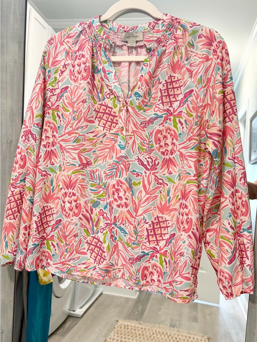 Charlie Paige Pink Tropical Print Peasant Tunic